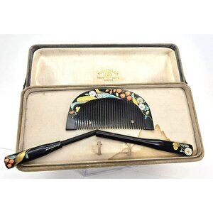 Japanese Floral Lacquer Hair Comb & Stick Set In Box Matsuzakaya Vintage JE311